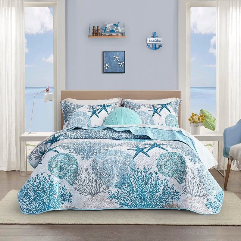 Tritard 3 Piece Coastal Quilt Sets King Size - Reversible Microfiber Quilts with 2 Shams Soft Lightweight Beach Bedding Nautical Bedspread Coverlet Summer Comforter Set for All Season  106''x96'' - Image 1
